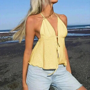 Yellow Boho Women's Summer Solid Color Front Tie Halter Neck Tank Top